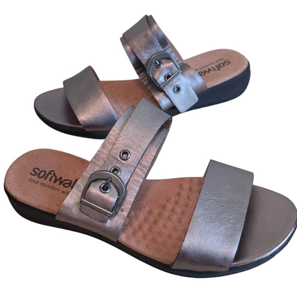 Softwalk Womens Metallic Pewter Buckle Slide Sandals Comfort Wedge Shoes